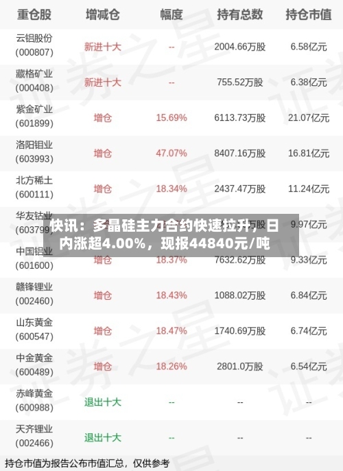 快讯：多晶硅主力合约快速拉升	，日内涨超4.00%，现报44840元/吨-第2张图片