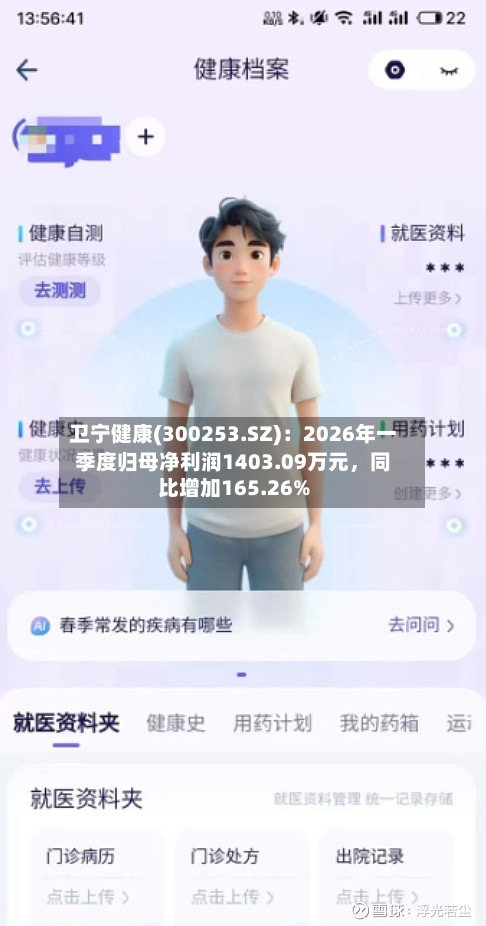 卫宁健康(300253.SZ)：2026年一季度归母净利润1403.09万元，同比增加165.26%