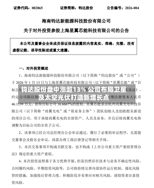 钧达股份盘中涨超13% 公司布局卫星及太空光伏打造新增长点