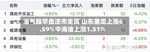 油气股早盘逆市走高 山东墨龙上涨6.59%中海油上涨1.51%